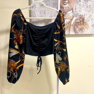 Gold chains digital art rutched off shoulder top - never worn